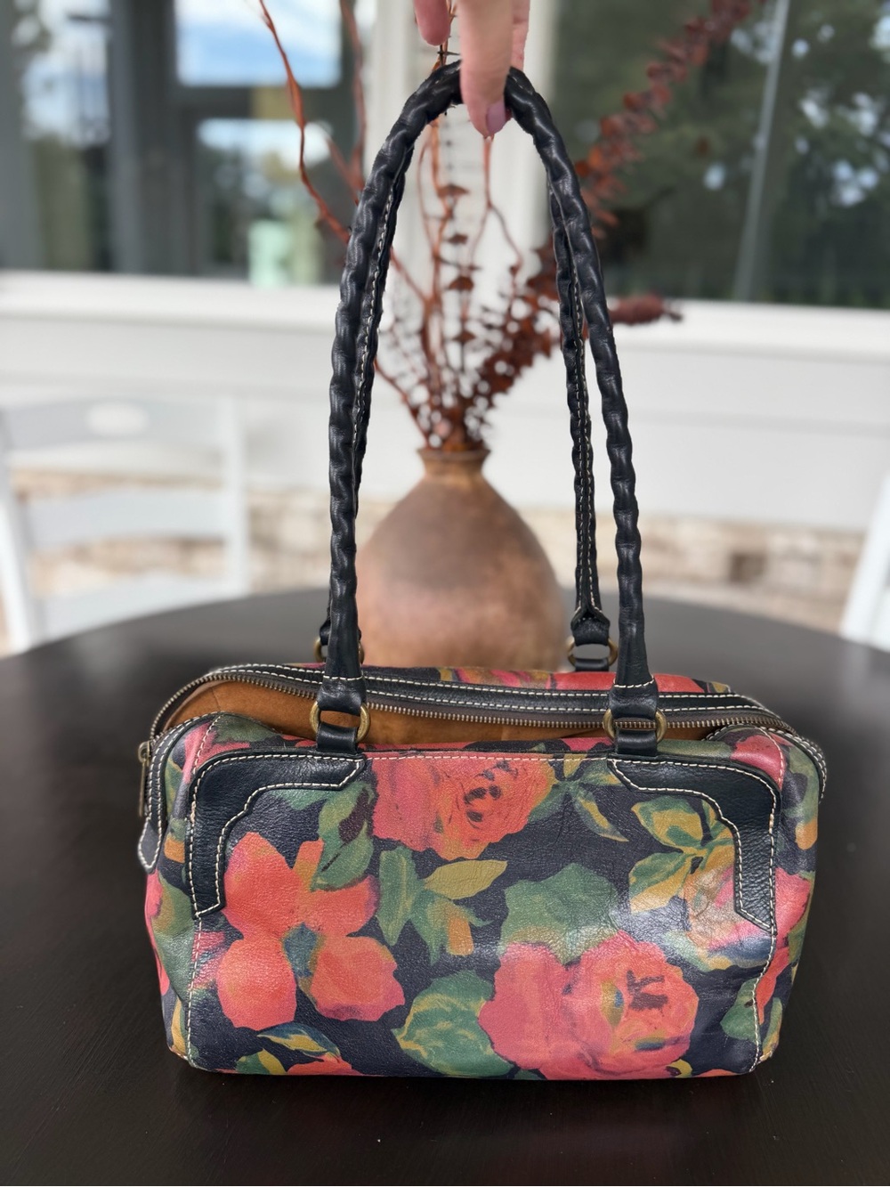 Patricia Nash Floral Print Black Leather Top-Handle Bag